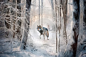 Gray wolf walks through a snowy winter forest. European wolf in natural habitat. Wild life