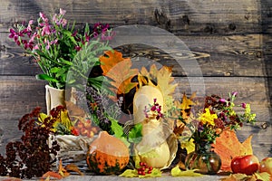 On a gray wooden background on yellow, red leaves, yellow and orange pumpkins, bouquets of small autumn flowers. Autumn still life