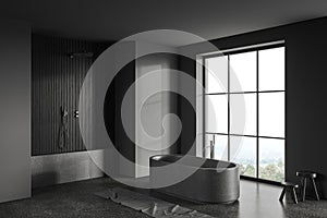 Gray and wooden bathroom corner with tub and shower