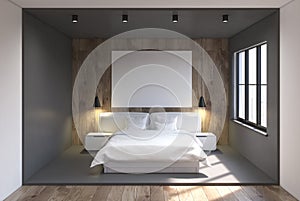 Gray and wooden bedroom interior, poster