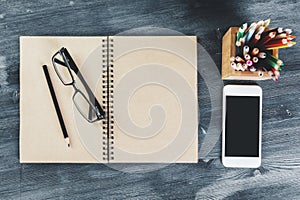 Gray wooden desktop with items