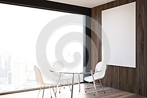 Gray and wooden dining room close up