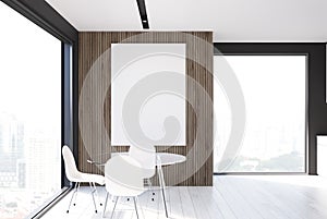 Gray and wooden dining room, white