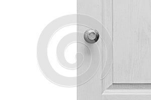 Gray wooden door, element of interior room exit open home doorway white isolated background