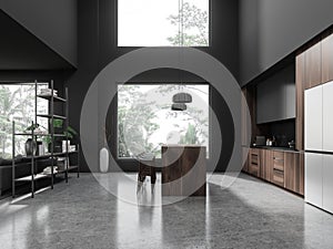 Gray and wooden kitchen interior with cabinets and island