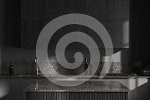 Gray and wooden kitchen interior with island