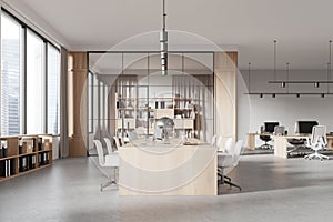 Gray and wooden open space office interior