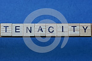 Gray word tenacity in small square wooden letters