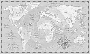 Gray world map. Earth antiquity paper map with continents ocean sea old sailing vector globe background