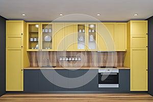 Gray and yellow kitchen interior with countertop