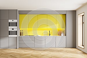 Gray and yellow kitchen interior with cupboards