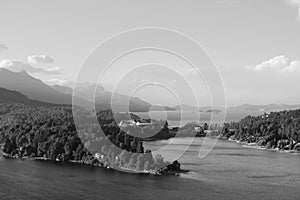 Grayscale aerial shot of Nahuel Huapi Lake. Argentina.