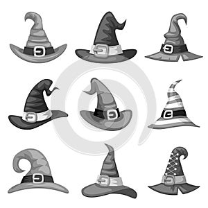 Grayscale blank cartoon witch hat halloween party costume icons set tamplate edit vector illustration