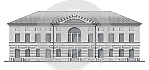 Grayscale classic facade of antique building. Historic house in linear style