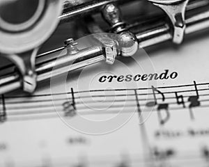 Grayscale closeup of the music instrument on the paper with the word crescendo meaning growing. photo