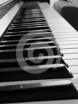Grayscale closeup shot of a piano keyboard, vertical background photo