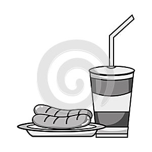Grayscale delicios sausage and soda plastic cup meal