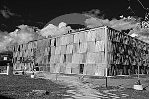 Grayscale of the engineering building at EPFL in Lausanne, Switzerland