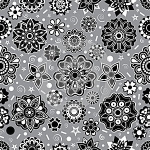 Grayscale floral mandala flower pattern