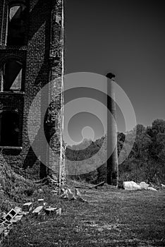 Grayscale of the Glendale Mill ruins, nestled near Spartanburg, South Carolina