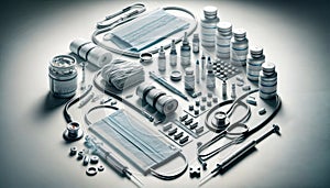 A grayscale image showcasing a neatly organized assortment of medical supplies which includes pill bottles, a stethoscope,