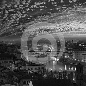 Grayscale. Night Florence City top view Italy, Tuscany on Arno river