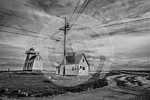 Grayscale of the North Rustico Harbour Light in New Glasgow, Prince Edward Island photo