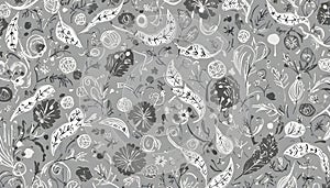 A grayscale pattern featuring various botanical elements.