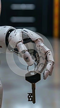 A grayscale robot hand holding a single key