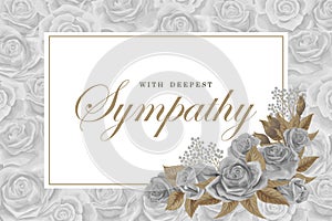 Grayscale rose bouquets with white frame and text on silver rose background