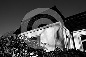 Grayscale shot of a beautiful modern house surrounded by plants