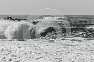 Grayscale shot of big waves crashing on the sea - perfect for background