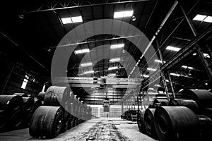 Grayscale shot of the inside of an iron and steel factory