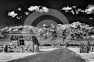 Grayscale shot of Manzanar Japanese Internment Camp in California, USA