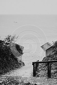 Grayscale shot of stairs leading to the Noirmoutier island in France