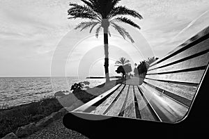 Grayscale shot of a wooden bench on the beach surrounded by the sea under the sunlight