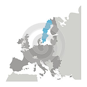 Grayscale silhouette with europe map with norway and sweden in blue color