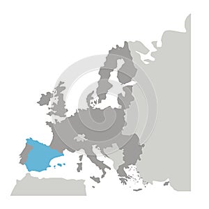 Grayscale silhouette with europe map and spain in blue color