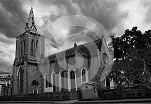 Grayscale view of the Holy Trinity cathedral in the Port of Spain, Trinidad and Tobago