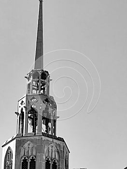 Grayscale view of unique church steeple