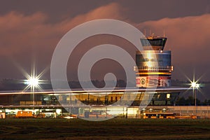 Terminal and tower of airport Graz in Austria during sunset