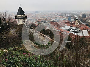 He Clock Tower Uhrturm of the Schlossberg Castle hill in Graz, Austria.