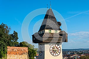 Graz, Austria. The Schlossberg - Castle Hill with the clock tower Uhrturm