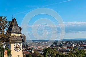 Graz, Austria. The Schlossberg - Castle Hill with the clock tower Uhrturm