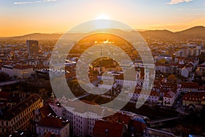 Graz city center aerial sunset view