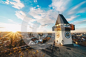 Graz clock tower and city symbol on top of Schlossberg hill at s