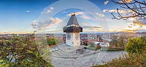 Graz clock tower at sunset, Graz, Styria, Austria