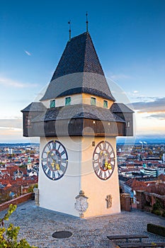 Graz clock tower at sunset, Graz, Styria, Austria