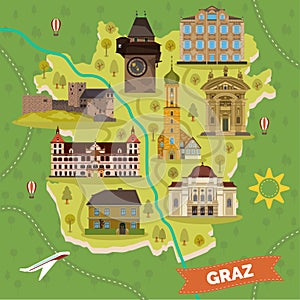 Graz town map with sightseeing landmarks