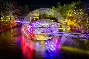 Grazer Murinsel at night, Graz, Styria, Austria